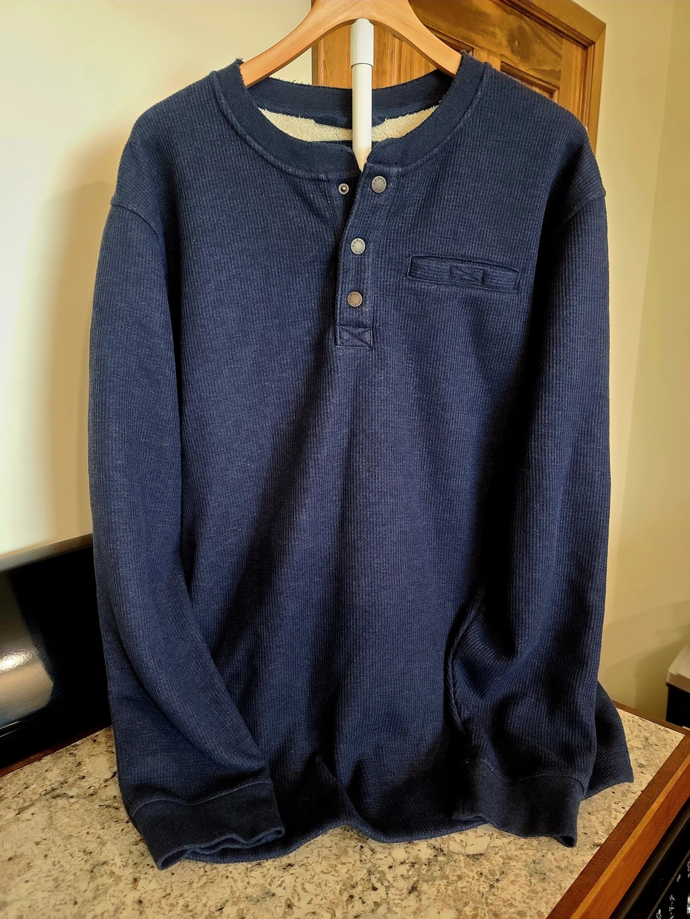 L.L. Bean Navy Thermal Henley Fleece Lined Throughout Crewneck Sweater Jacket